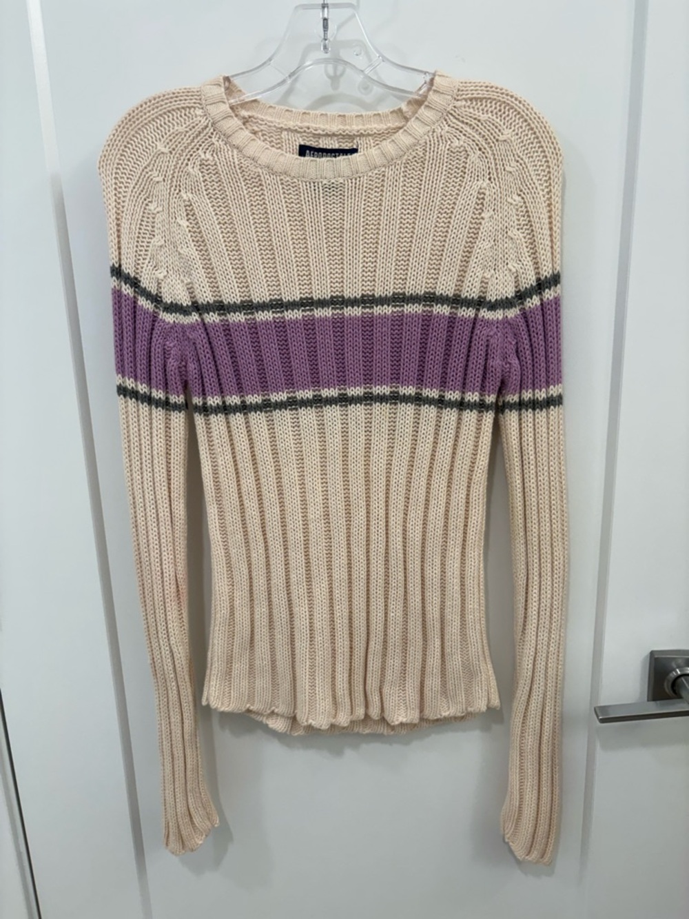 Vintage 90s Aeropostale Thick Knit Cotton Ramie Cream Purple Sweater Size M